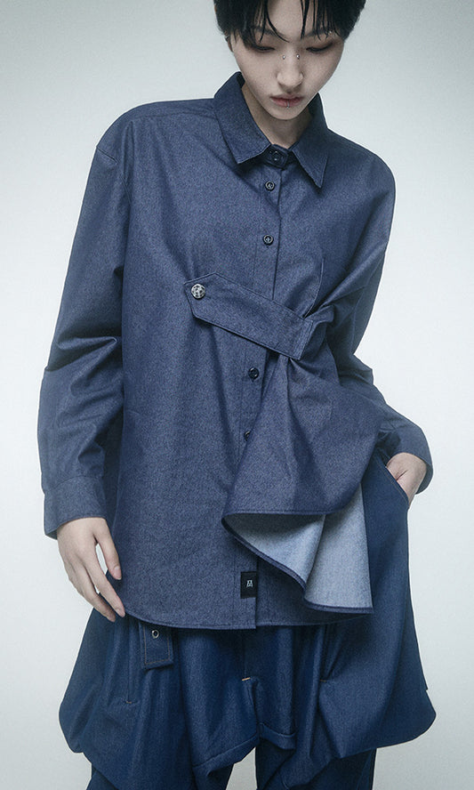 【Reculer レキュリー】Draping Basic long shirts Like denim Deep Blue