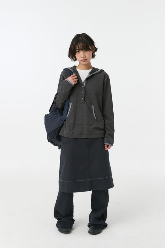[9/11予約配送] FLORAL BUTTON HOODED LONG SLEEVE, CHARCOAL