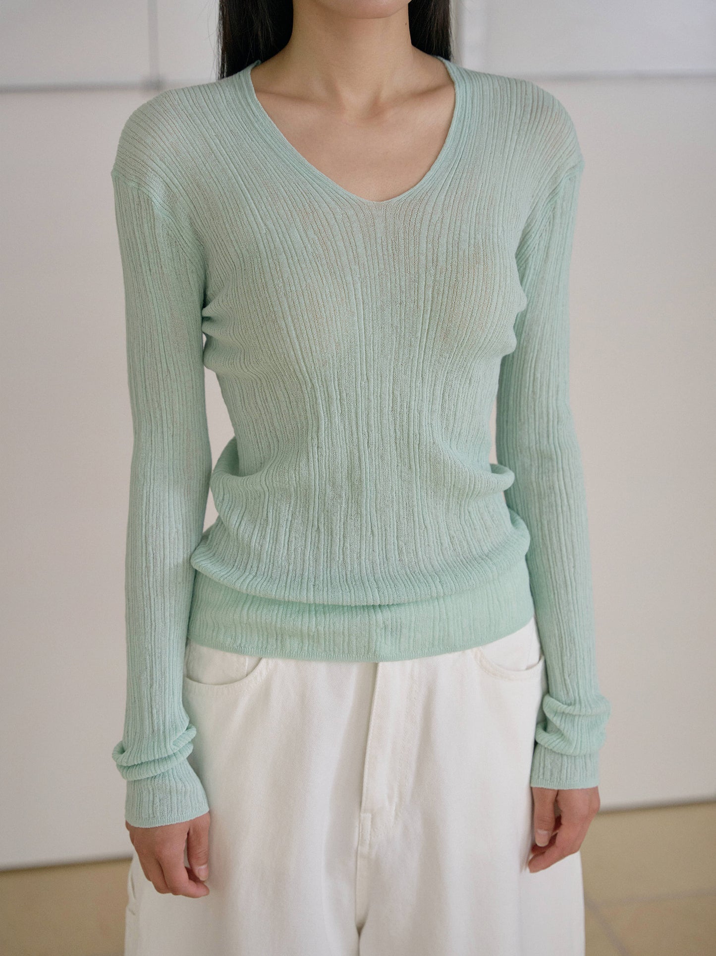 Multi Rib V-neck Pullover - Mint
