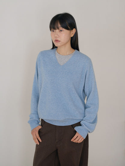 Cashmere Blend V-neck Pullover - Blue 12