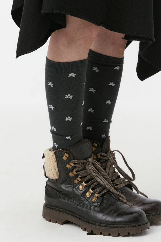 FLORAL KNEE SOCKS, CHARCOAL