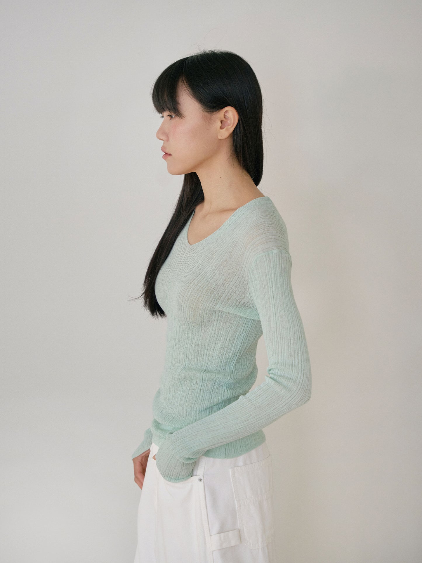 Multi Rib V-neck Pullover - Mint