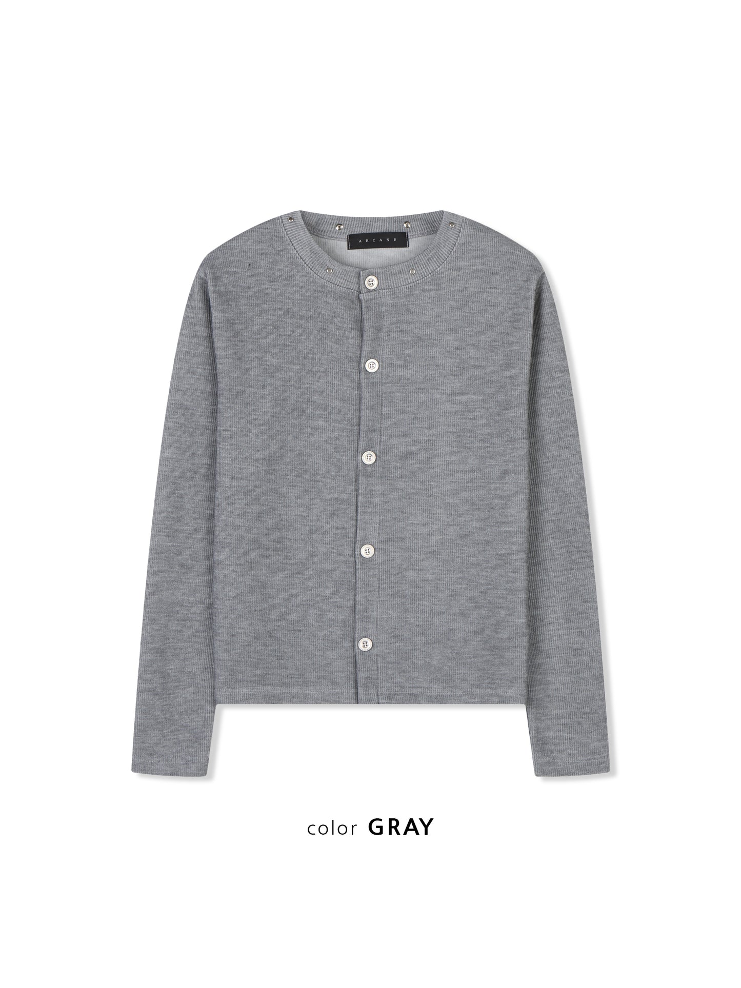 Pearl Snap Ribbed Cardigan GRAY フロントスタイル