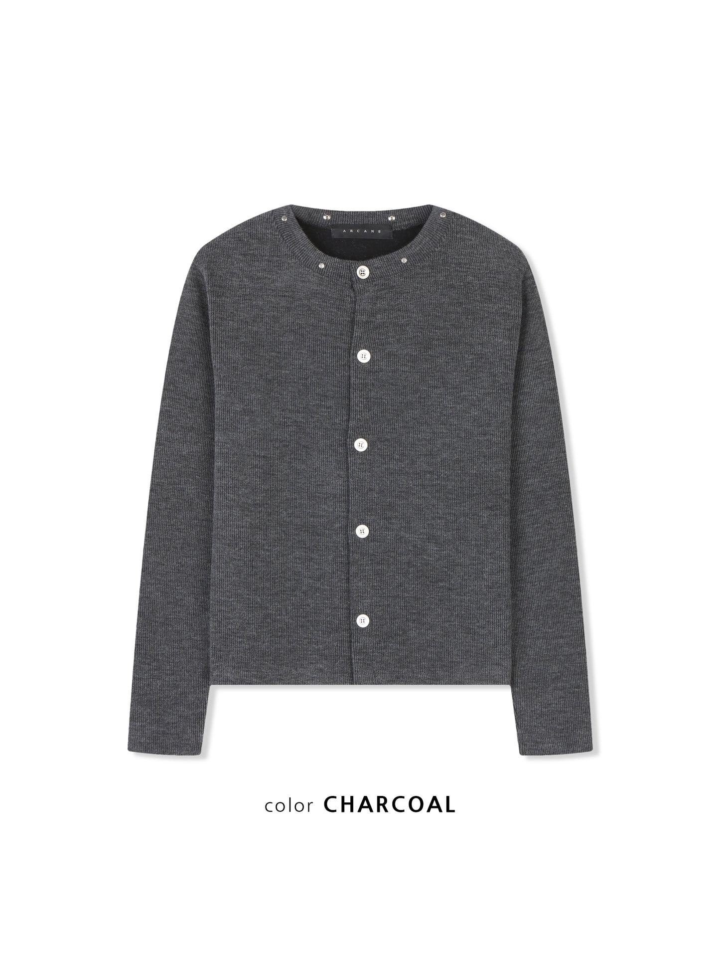 Pearl Snap Ribbed Cardigan CHARCOAL フロントスタイル