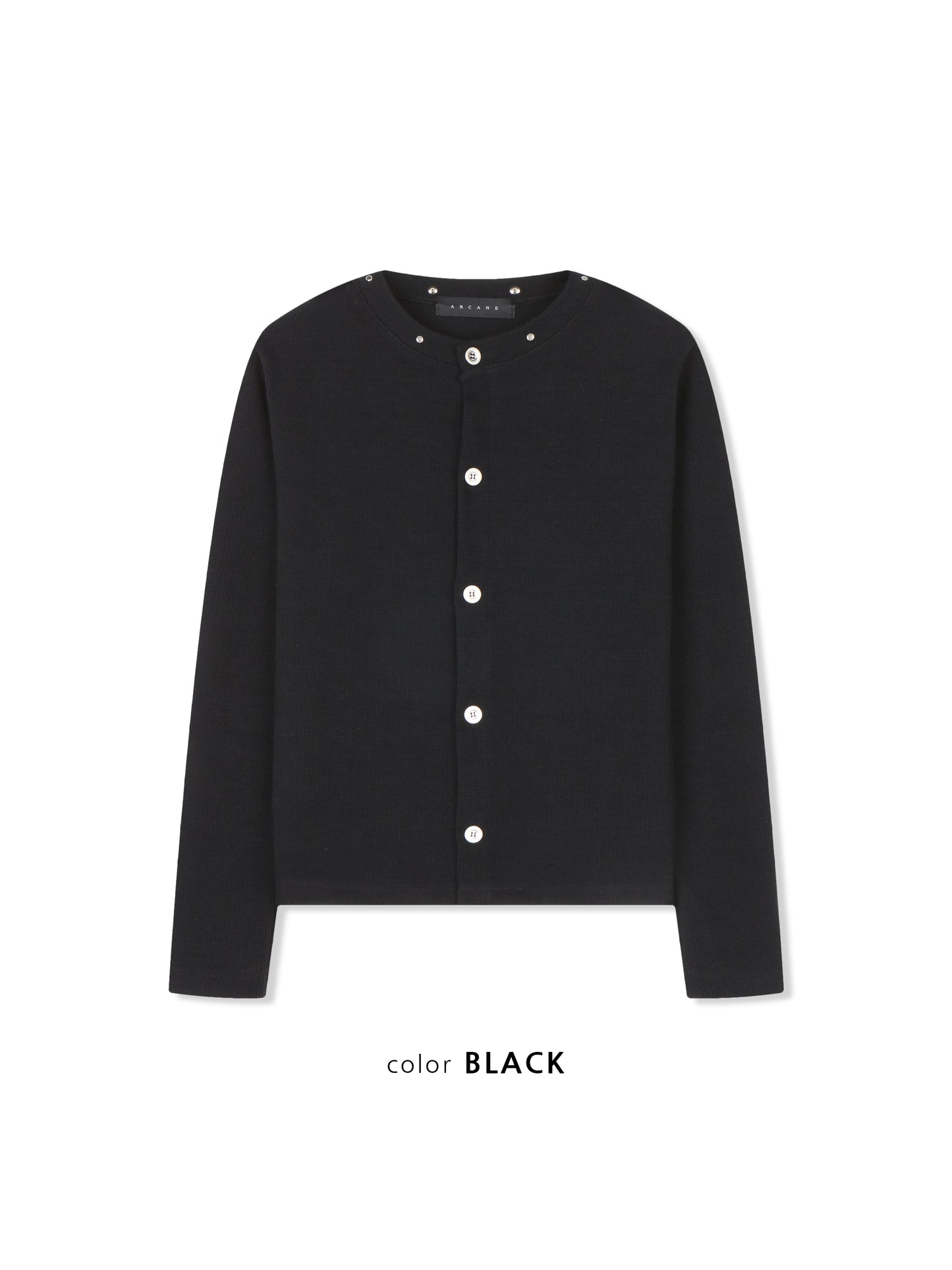 Pearl Snap Ribbed Cardigan BLACK フロントスタイル