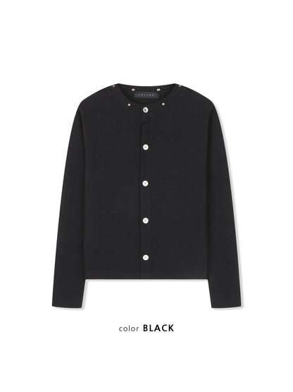 Pearl Snap Ribbed Cardigan BLACK フロントスタイル