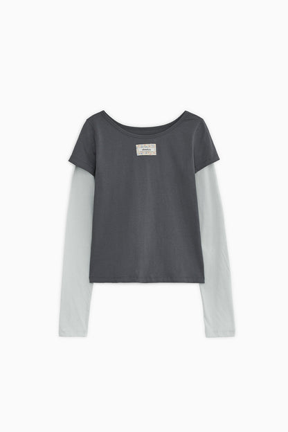 FLORAL LABEL LAYERED T-SHIRT, CHARCOAL