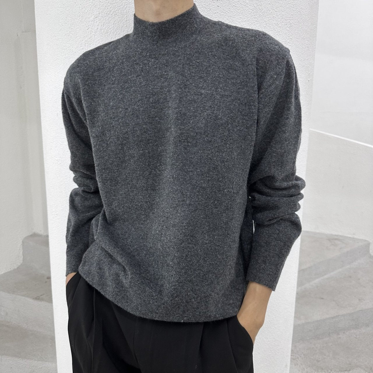 Wool Yono Half Polo CHARCOAL 1