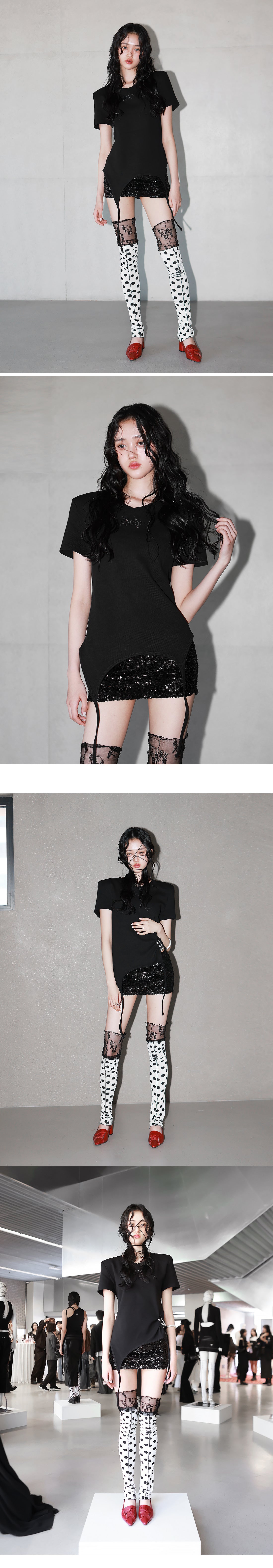 Shoulder-padded waffle T-shirt _ Black