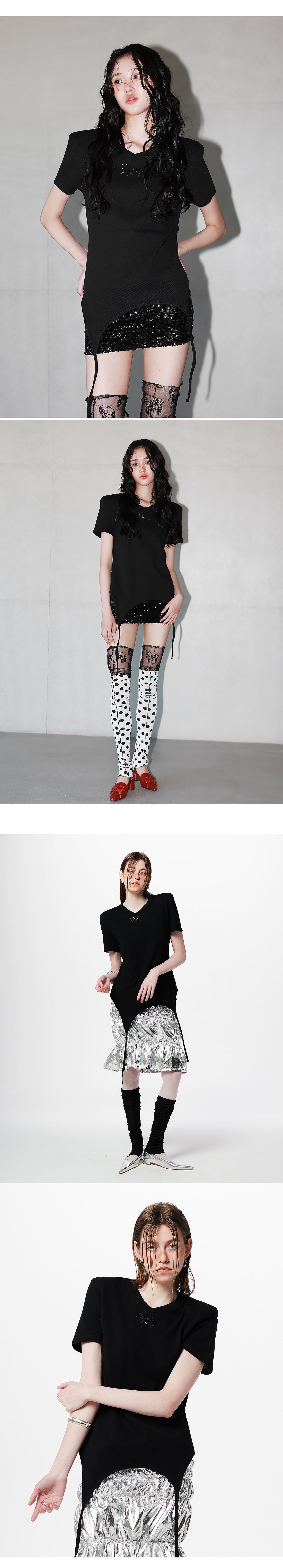 Shoulder-padded waffle T-shirt _ Black