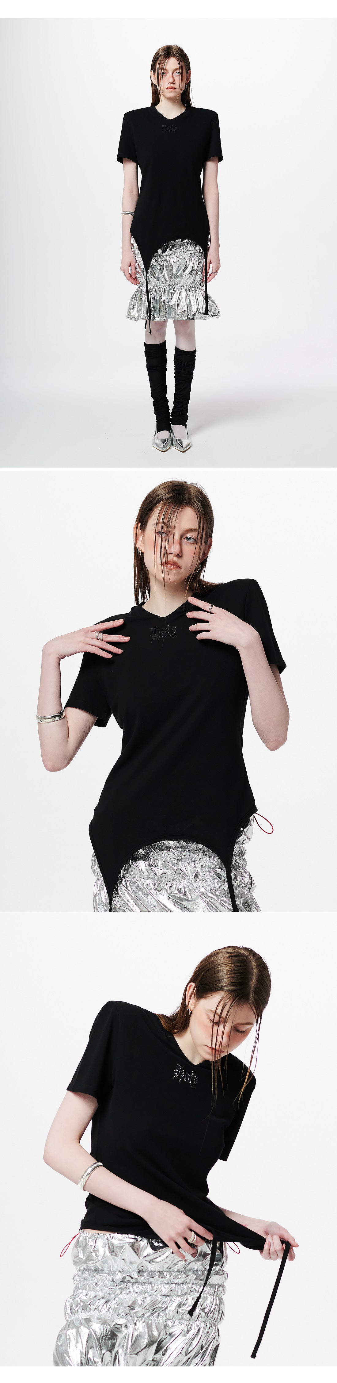 Shoulder-padded waffle T-shirt _ Black