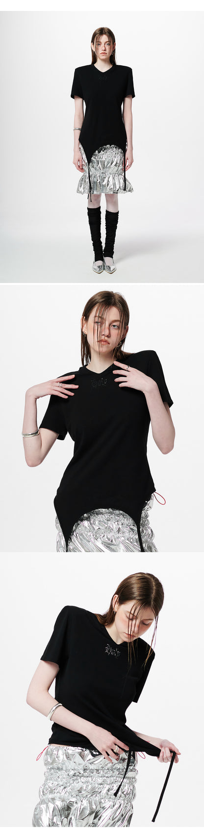 Shoulder-padded waffle T-shirt _ Black