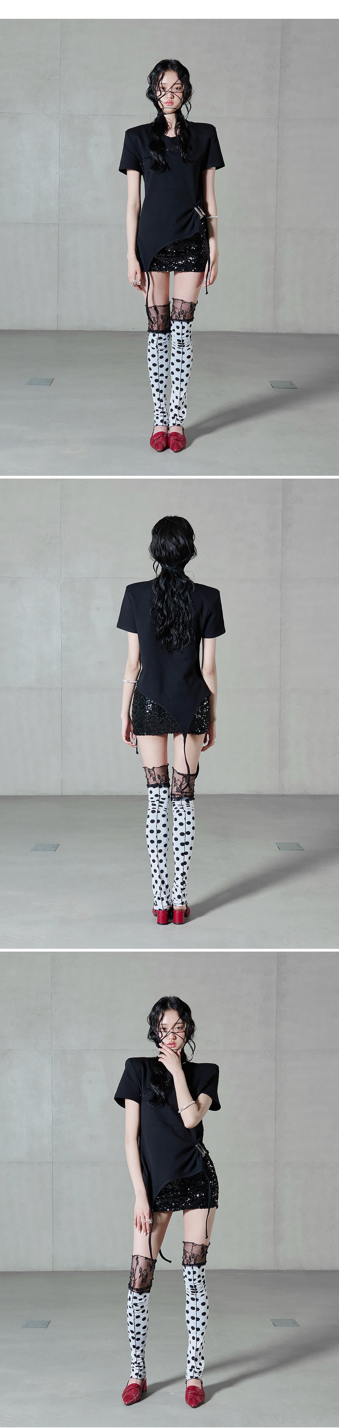 Shoulder-padded waffle T-shirt _ Black
