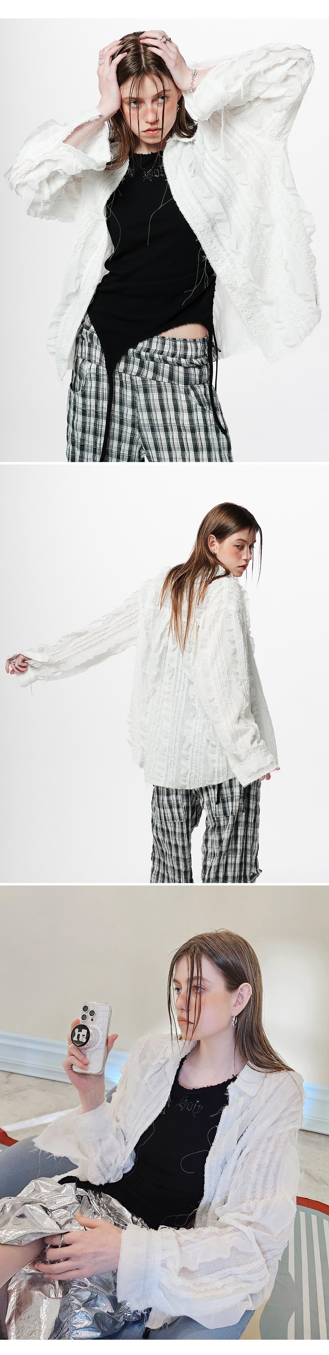 Raw Edge Detail Ruffle Shirt _ White