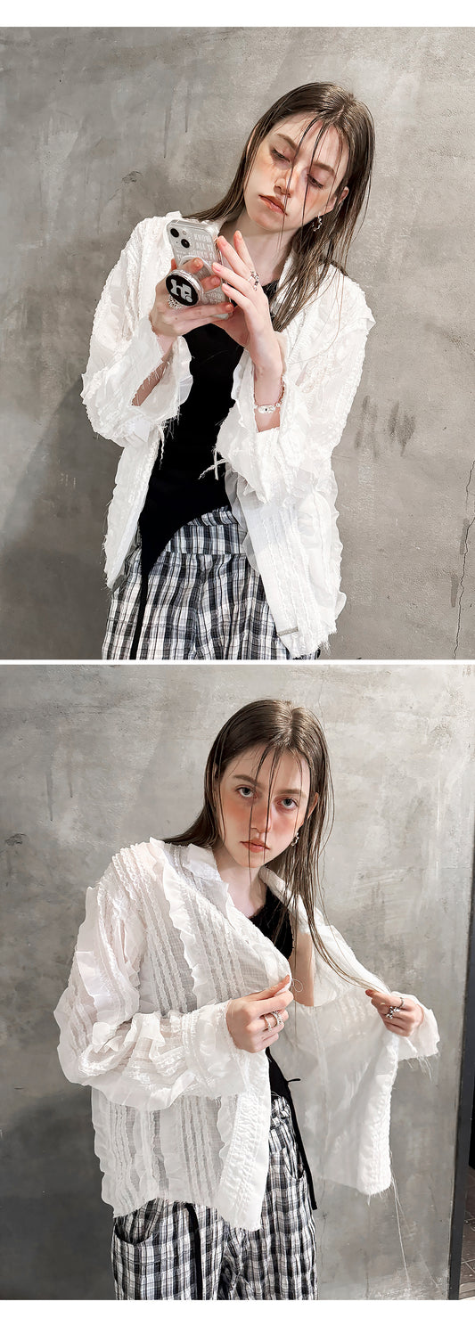Raw Edge Detail Ruffle Shirt _ White