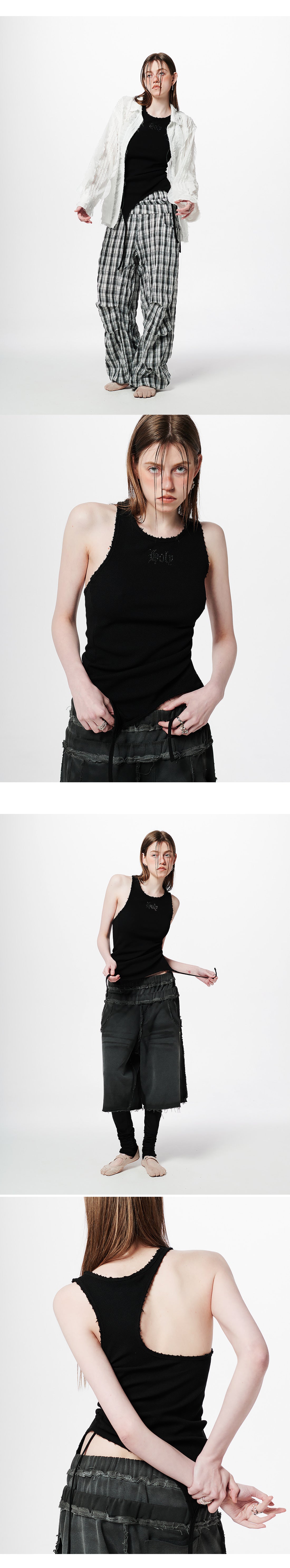Back Slit Waffle Shirring Top _ Black