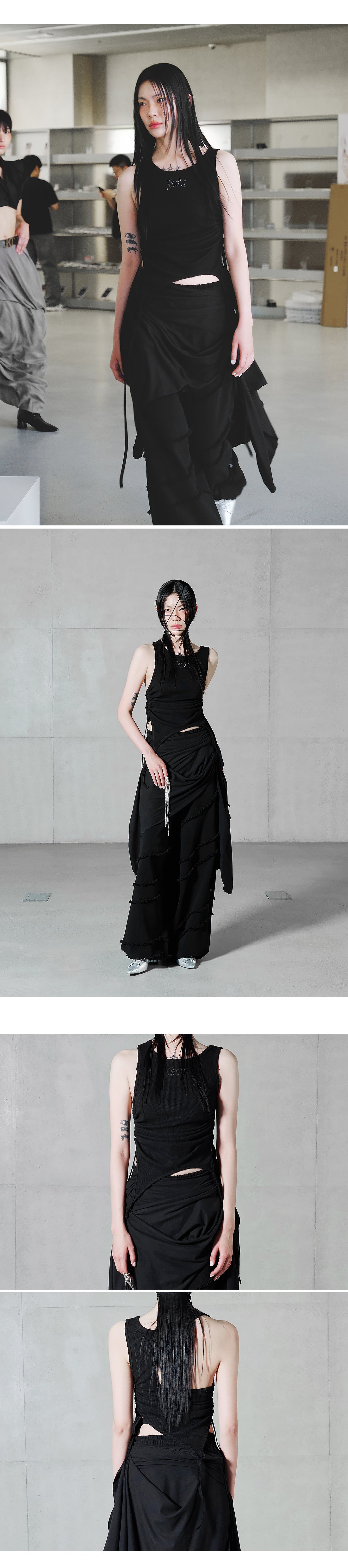 Back Slit Waffle Shirring Top _ Black