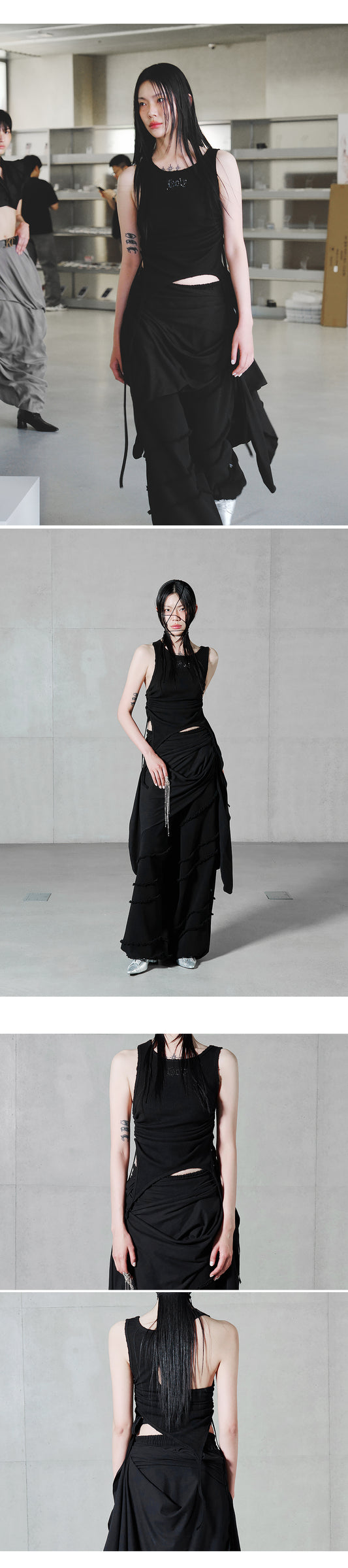 Back Slit Waffle Shirring Top _ Black