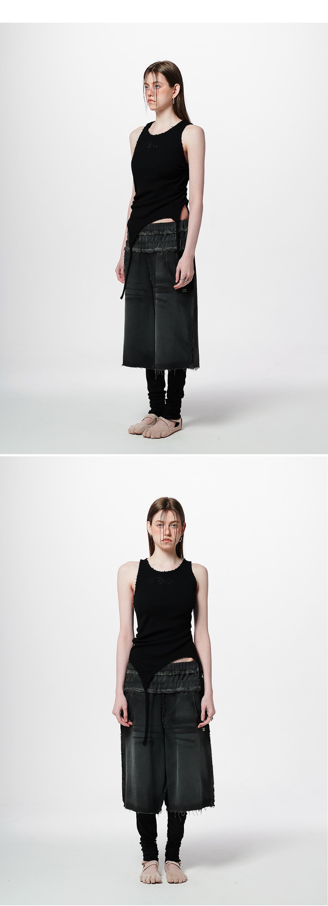 Back Slit Waffle Shirring Top _ Black