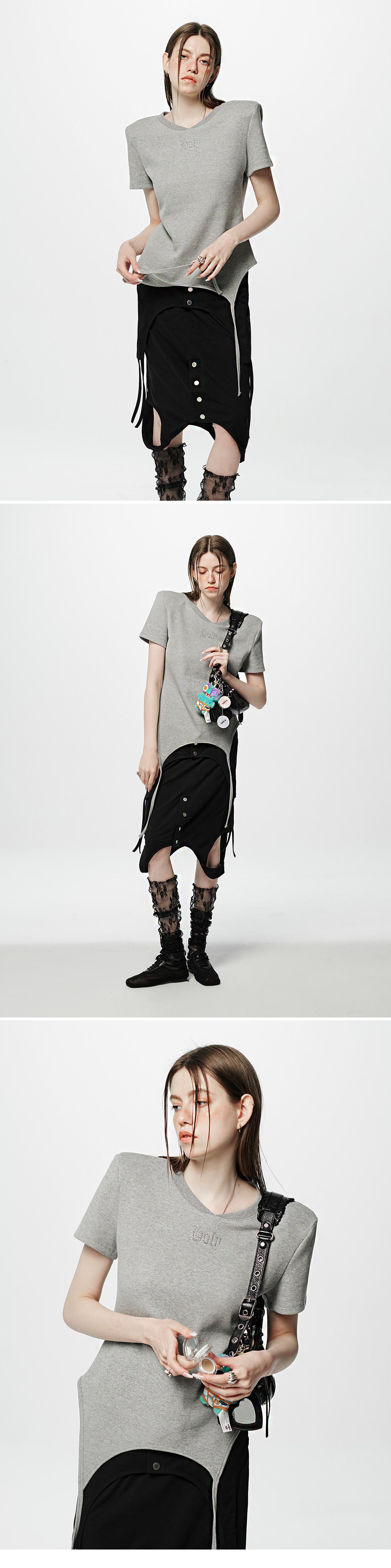 Shoulder-padded waffle T-shirt _ Gray
