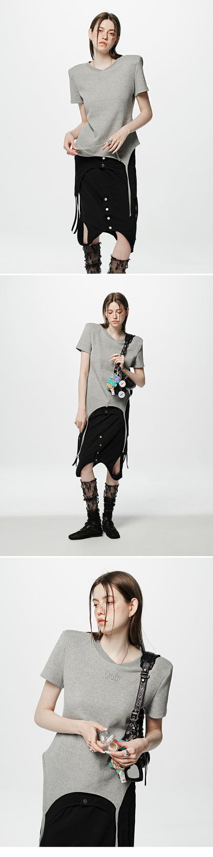 Shoulder-padded waffle T-shirt _ Gray
