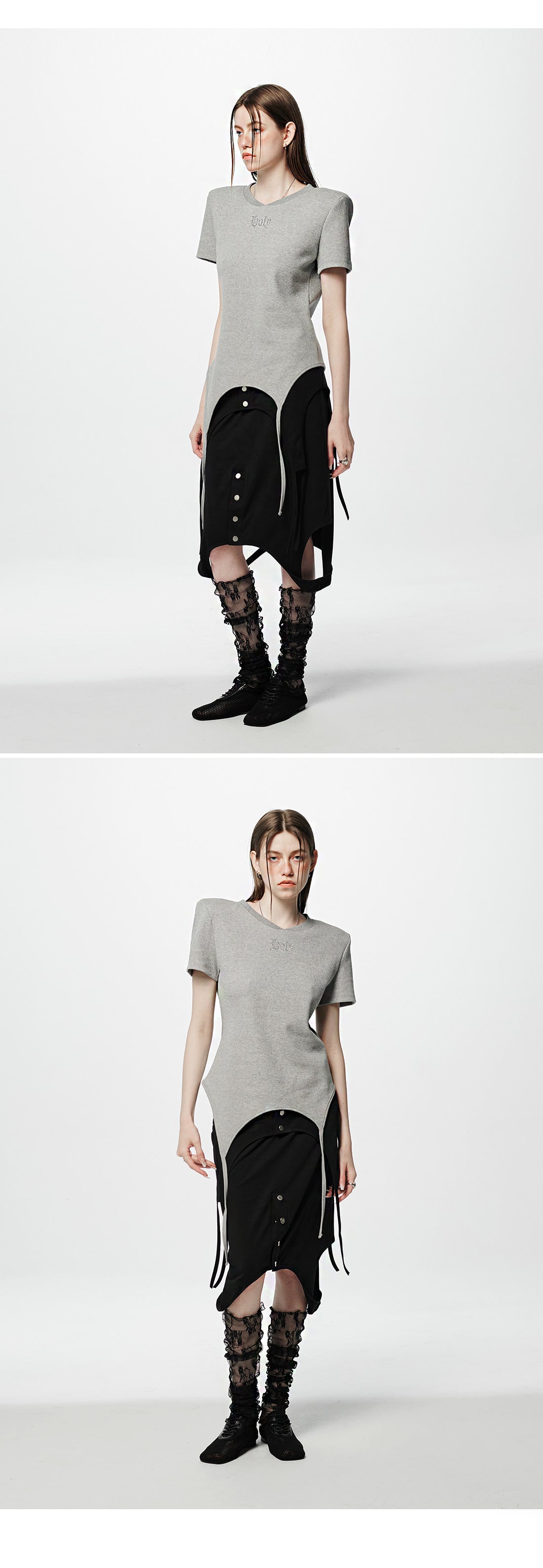 Shoulder-padded waffle T-shirt _ Gray