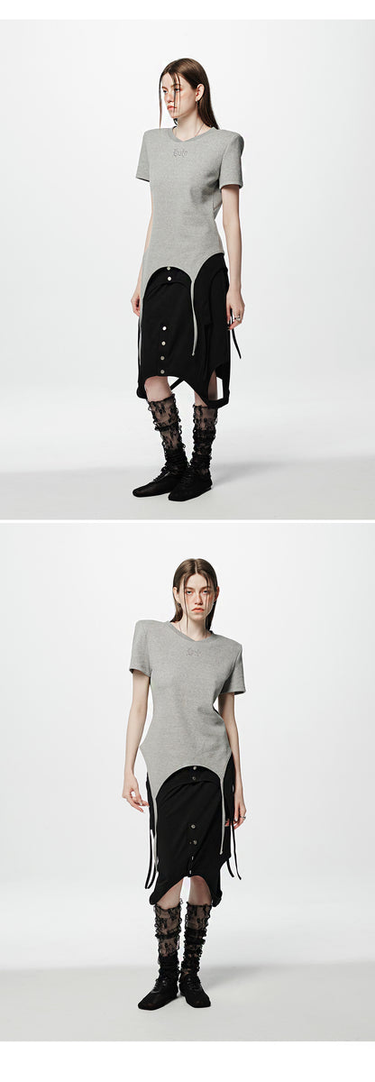 Shoulder-padded waffle T-shirt _ Gray