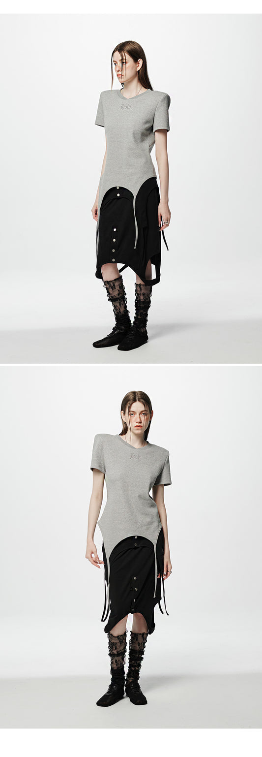 Shoulder-padded waffle T-shirt _ Gray