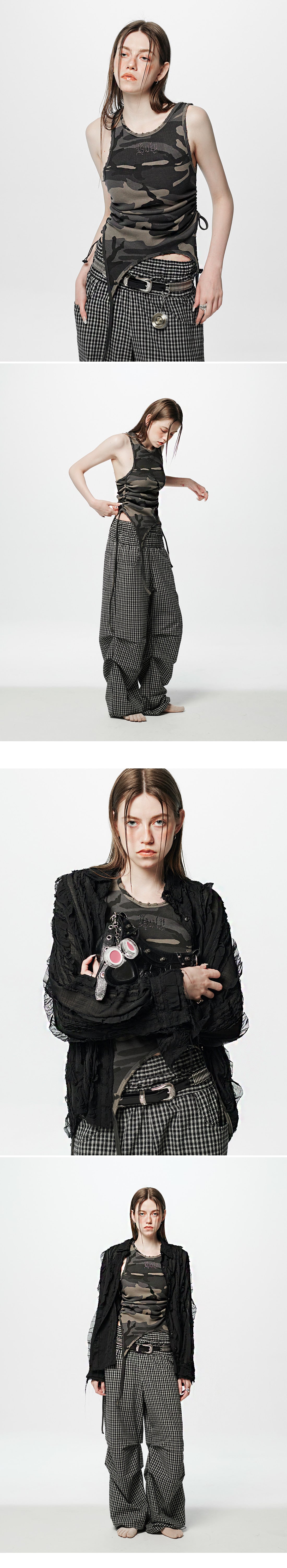 Back Slit Waffle Shirring Top _ Camo