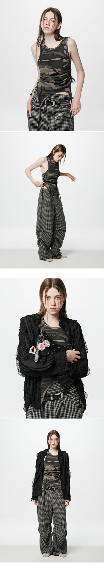Back Slit Waffle Shirring Top _ Camo