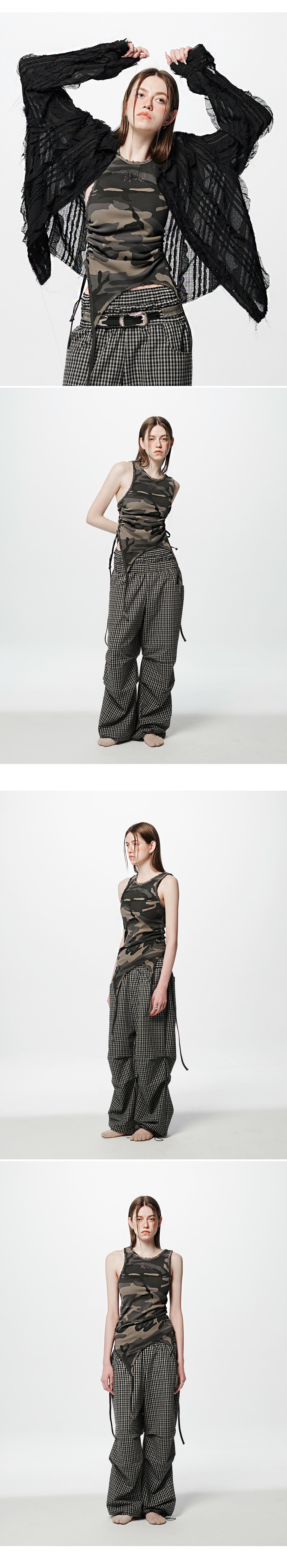Back Slit Waffle Shirring Top _ Camo