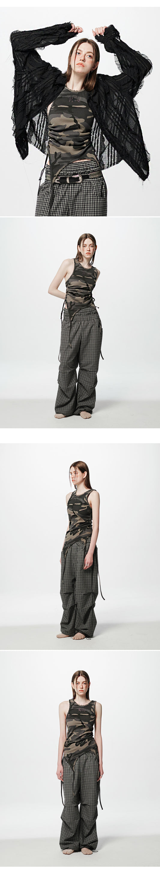 Back Slit Waffle Shirring Top _ Camo