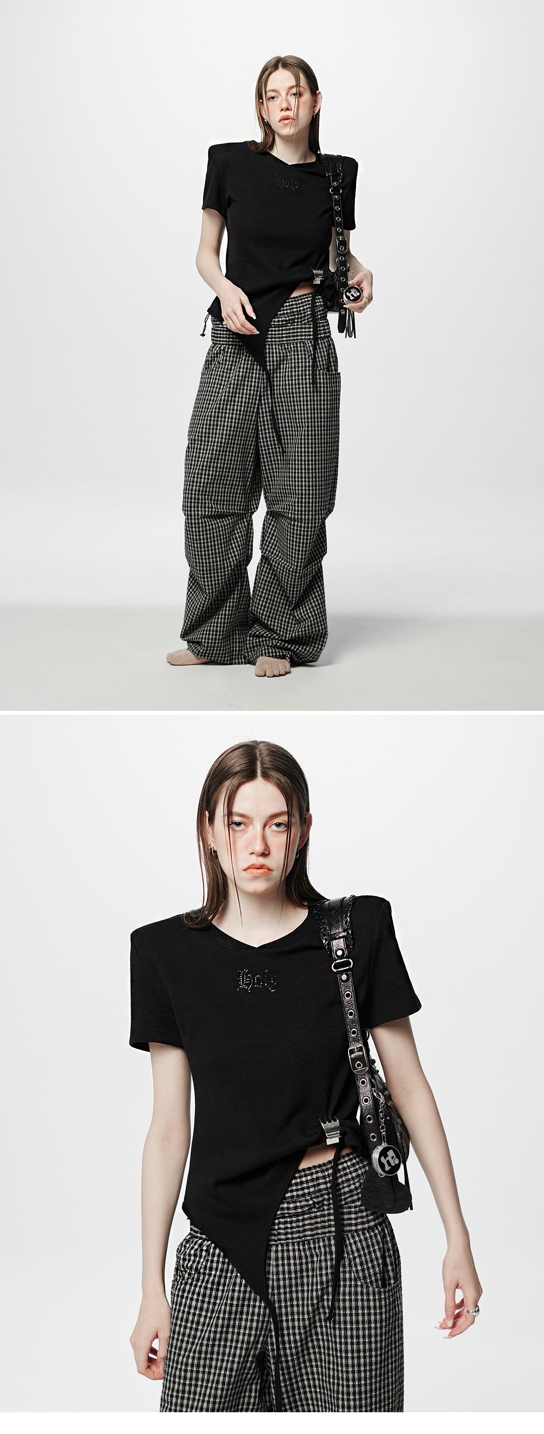 Shoulder-padded waffle T-shirt _ Black
