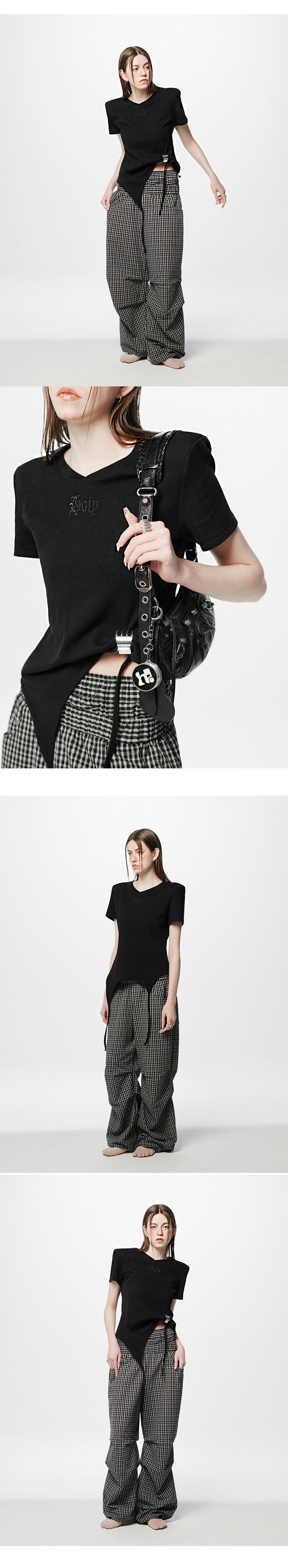 Shoulder-padded waffle T-shirt _ Black