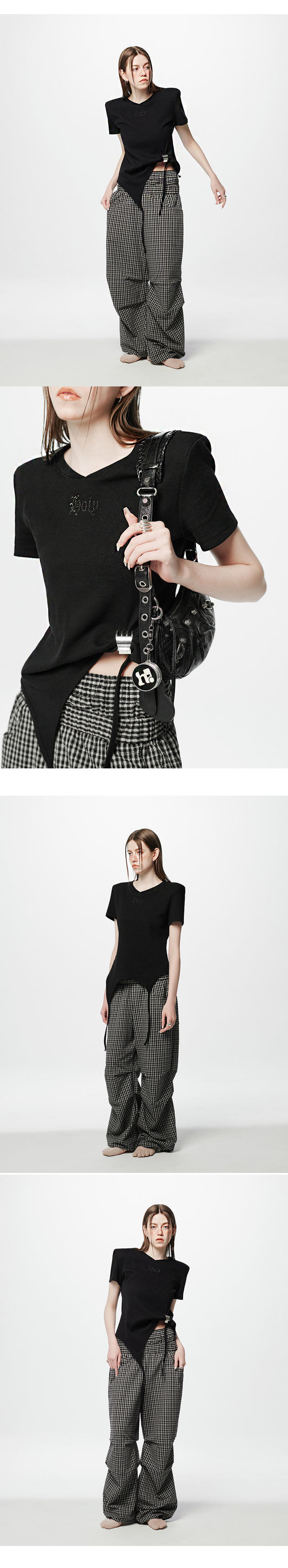 Shoulder-padded waffle T-shirt _ Black