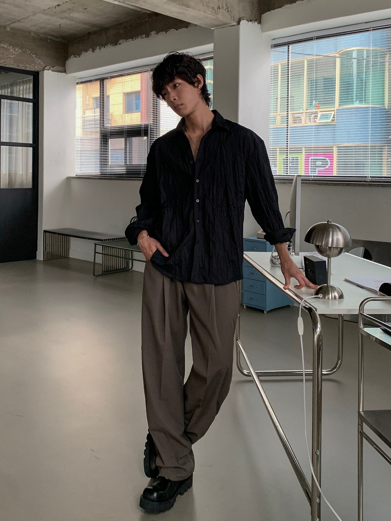 Crinkle Texture Oversized Shirt - BLACK
