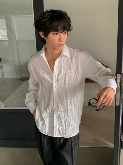 Crinkle Texture Oversized Shirt - WHITE