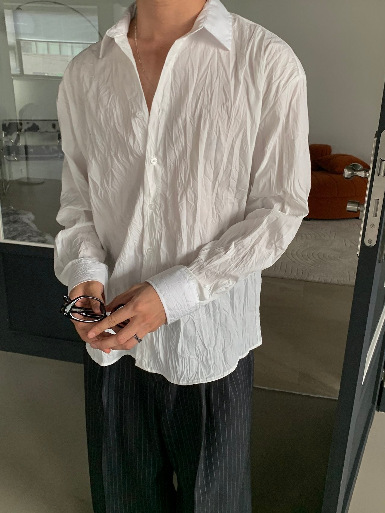 Crinkle Texture Oversized Shirt - WHITE