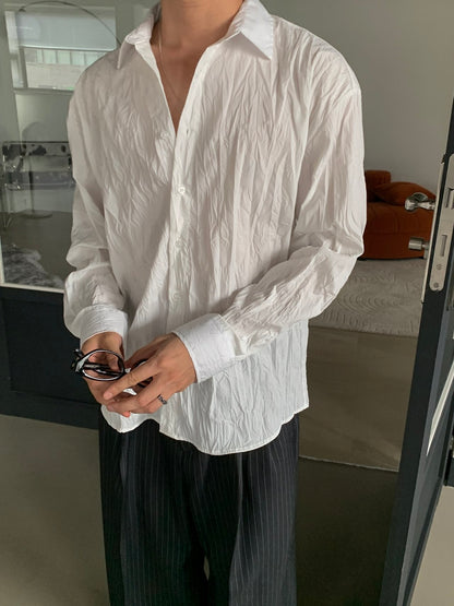 Crinkle Texture Oversized Shirt - WHITE