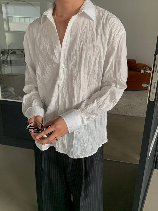 Crinkle Texture Oversized Shirt - WHITE