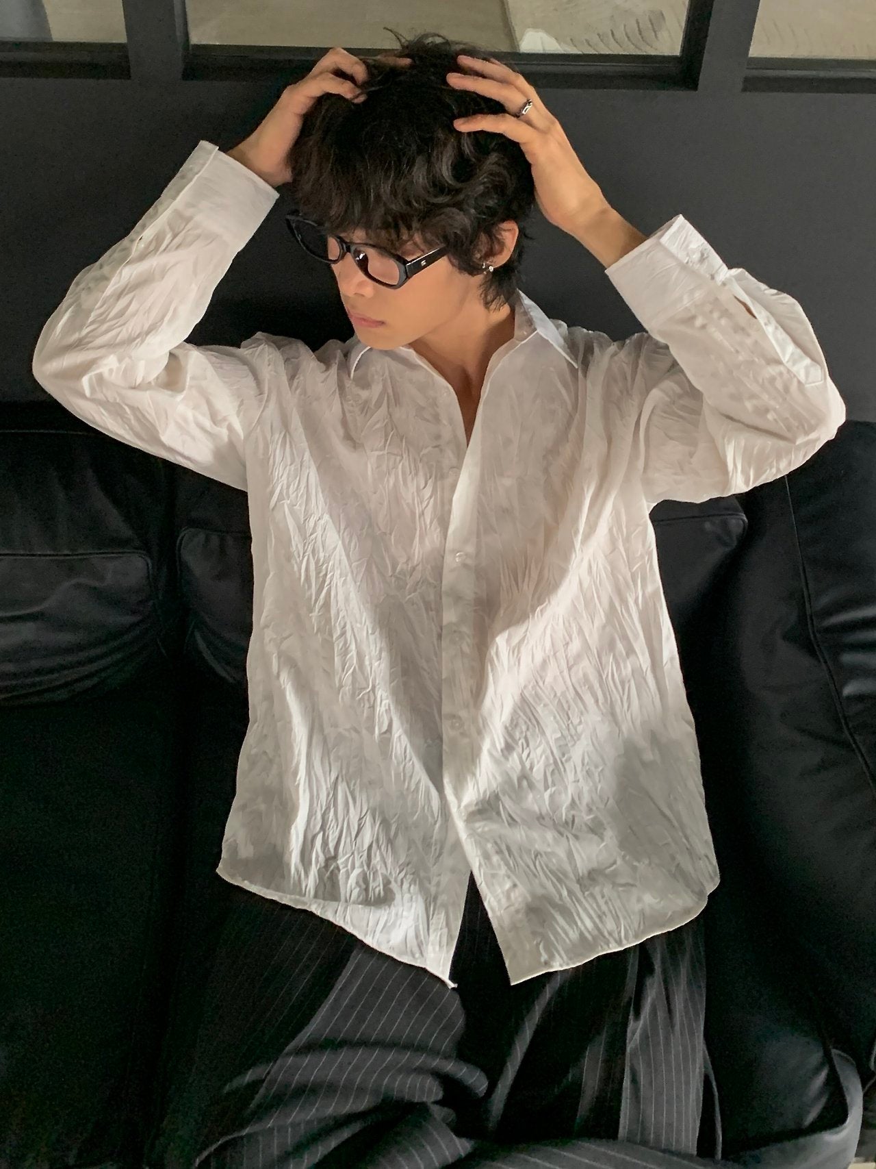 Crinkle Texture Oversized Shirt - WHITE