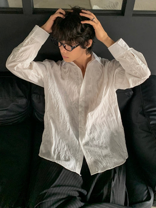 Crinkle Texture Oversized Shirt - WHITE