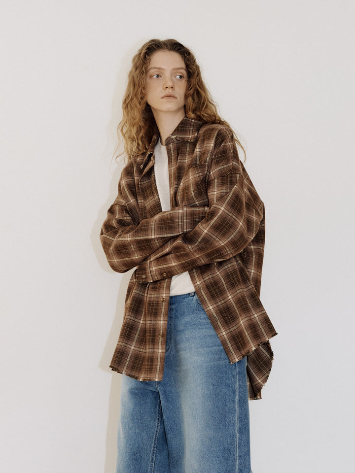 【MARAN】Fringe Check Shirt - Brown