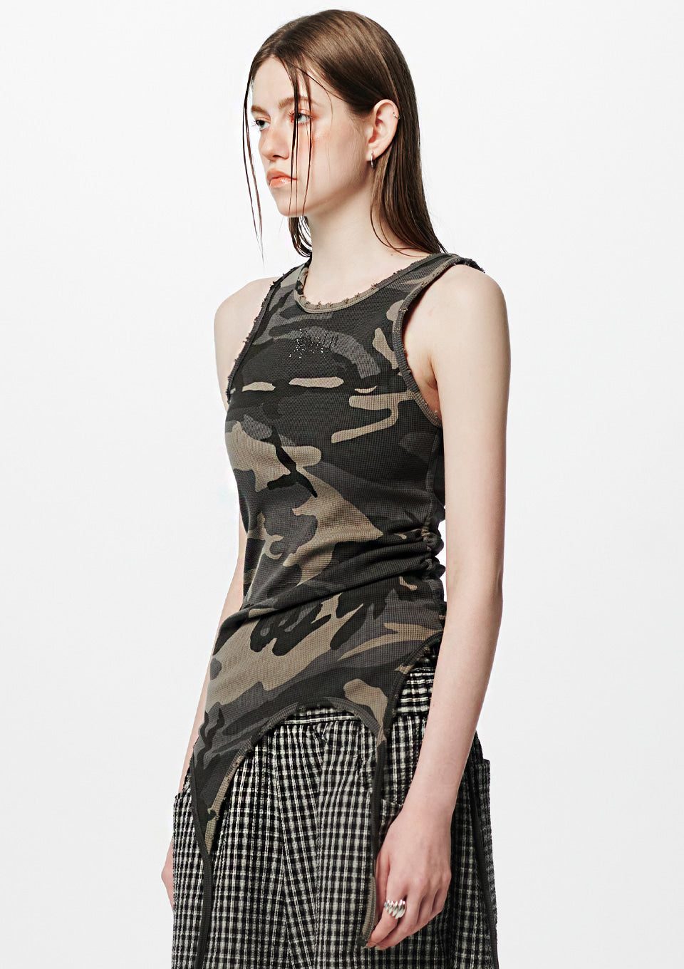 Back Slit Waffle Shirring Top _ Camo