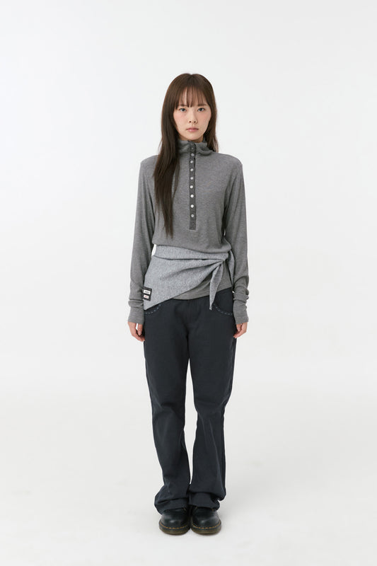 [9/11予約配送] BUTTON SLIM LONG SLEEVE, CHARCOAL