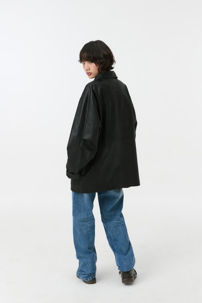 SIGNATURE LABEL VEGAN LEATHER JACKET, BLACK