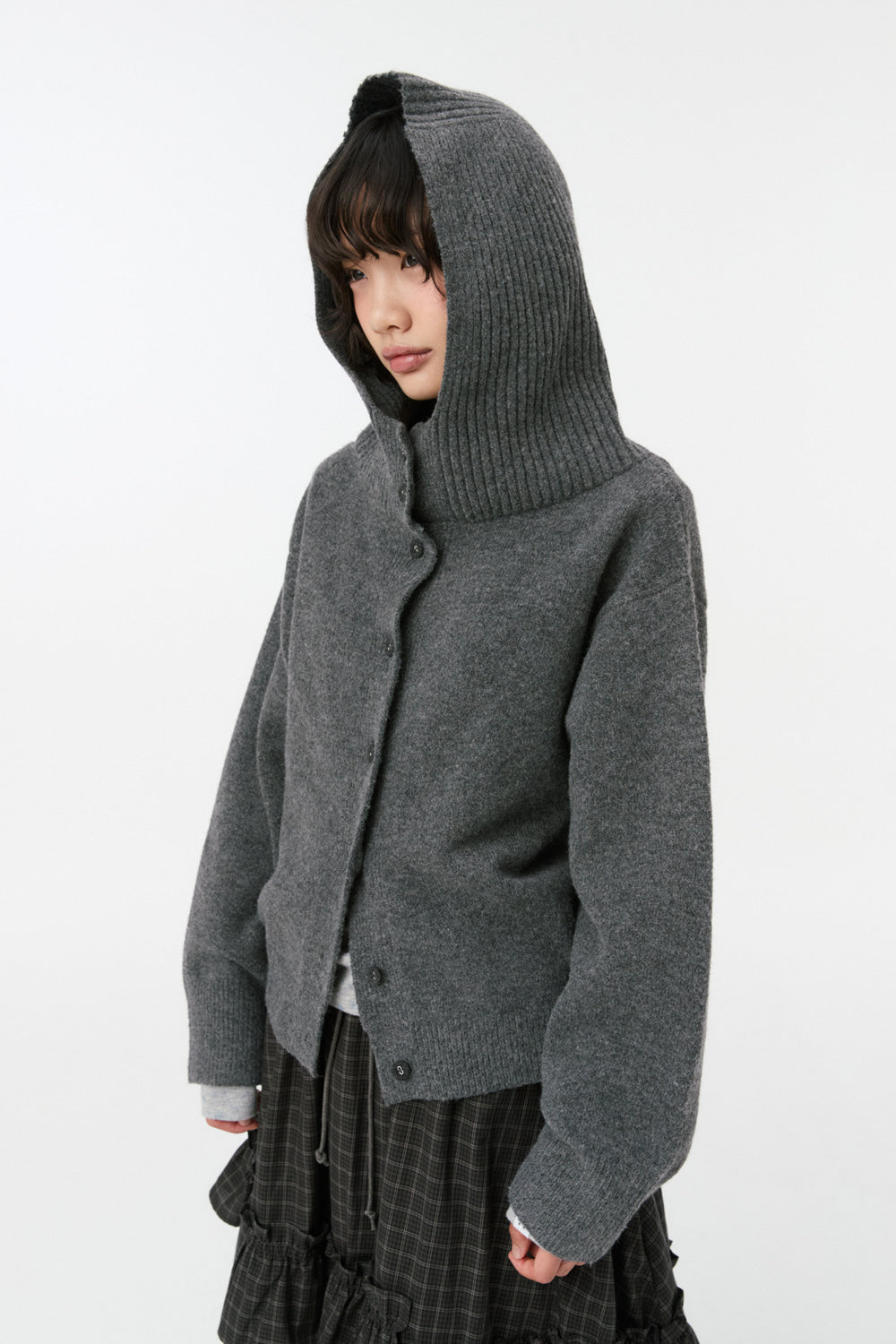 CROPPED HOODED HIGH NECK CARDIGAN, CHARCOAL