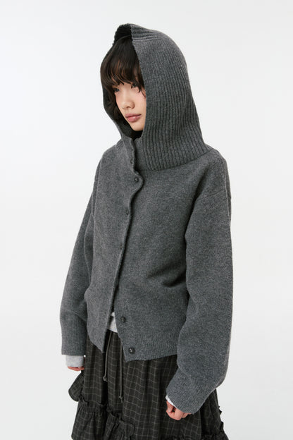 CROPPED HOODED HIGH NECK CARDIGAN, CHARCOAL