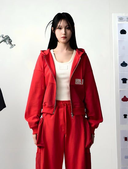 NYLON MIXED COTTON HOOD ZIP-UP -RED 