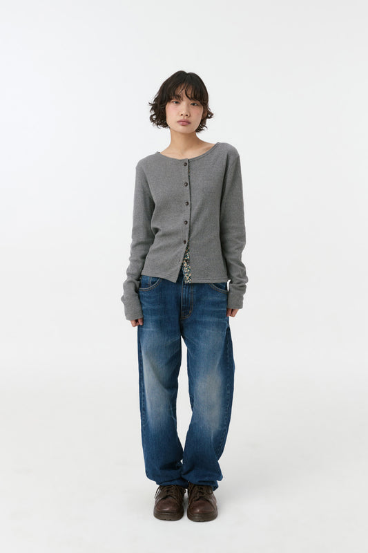 FLORAL COLOR BLOCK JERSEY CARDIGAN, GRAY